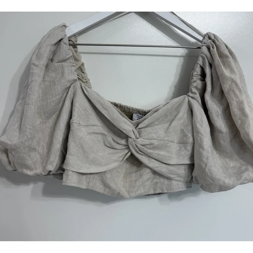 Los Angeles Atelier & Other Stories Top Cropped Puff Sleeve Linen Smocked Beige - Picture 1 of 8